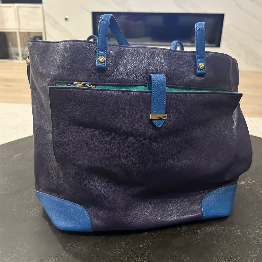 Tory Burch Eggplant and Blue Leather Tote